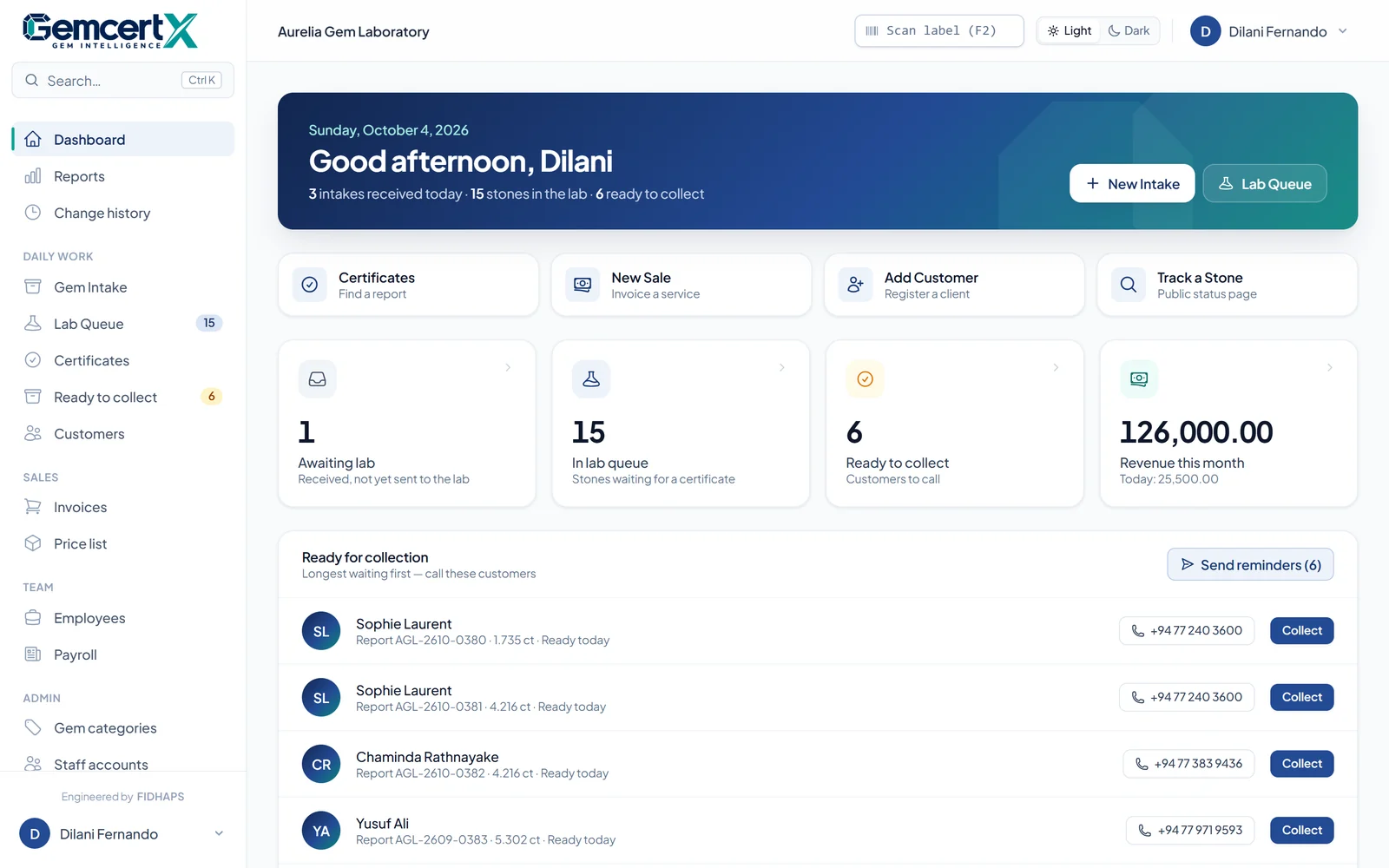 The GemcertX dashboard: today's intakes, stones in the lab queue, stones ready to collect and this month's revenue