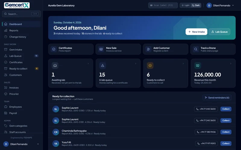GemcertX dashboard in dark mode
