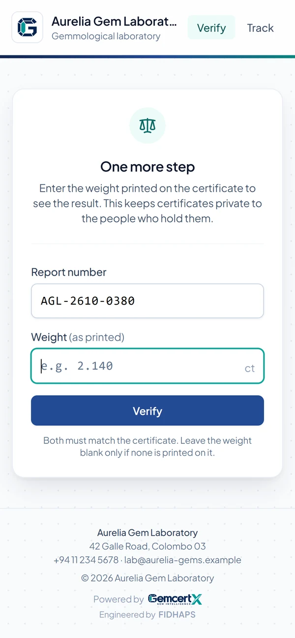Verification asking for the certificate number and weight
